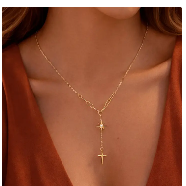 Celestial Grace Gold Necklace - Star & Cross Drop Chain