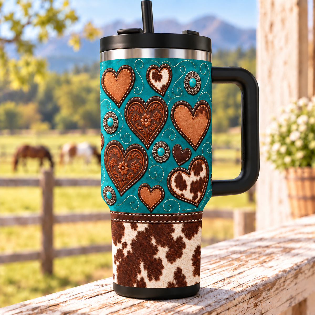 Turquoise Suede Cowhide Hearts  - 40oz Tumbler with Handle and Straw (Made in USA)
