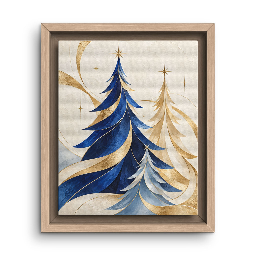 Framed Canvas Wall Art –Modern Blue and Gold Christmas Trees