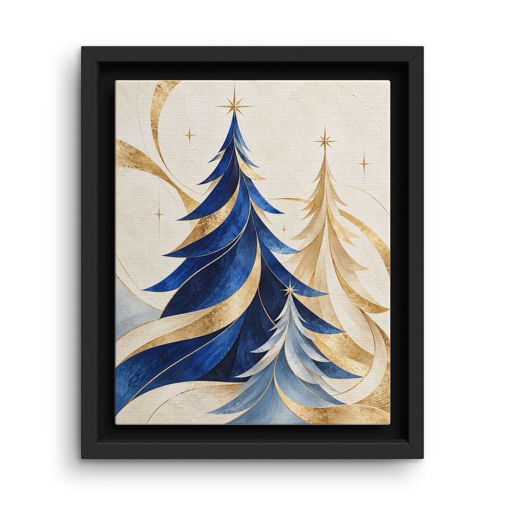 Framed Canvas Wall Art –Modern Blue and Gold Christmas Trees