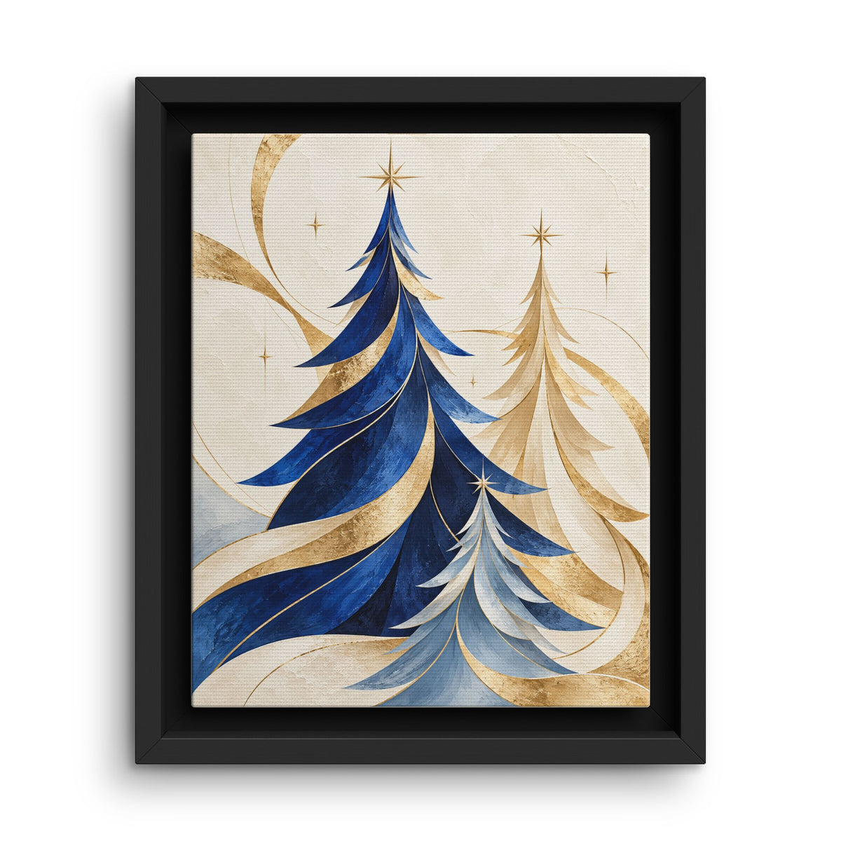 Framed Canvas Wall Art –Modern Blue and Gold Christmas Trees