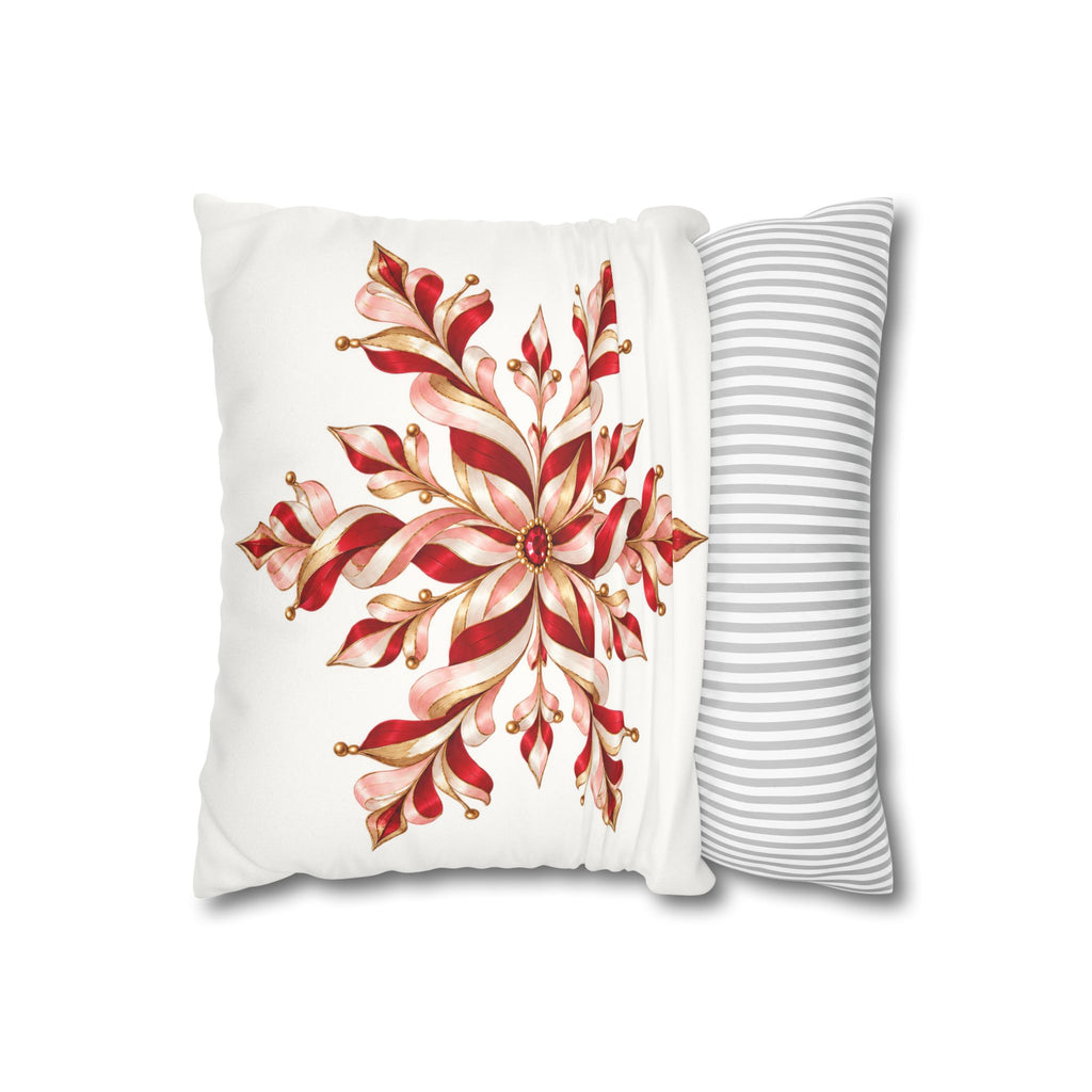 Red and Gold Candy Cane Snowflake Faux Suede Square Pillow Cover