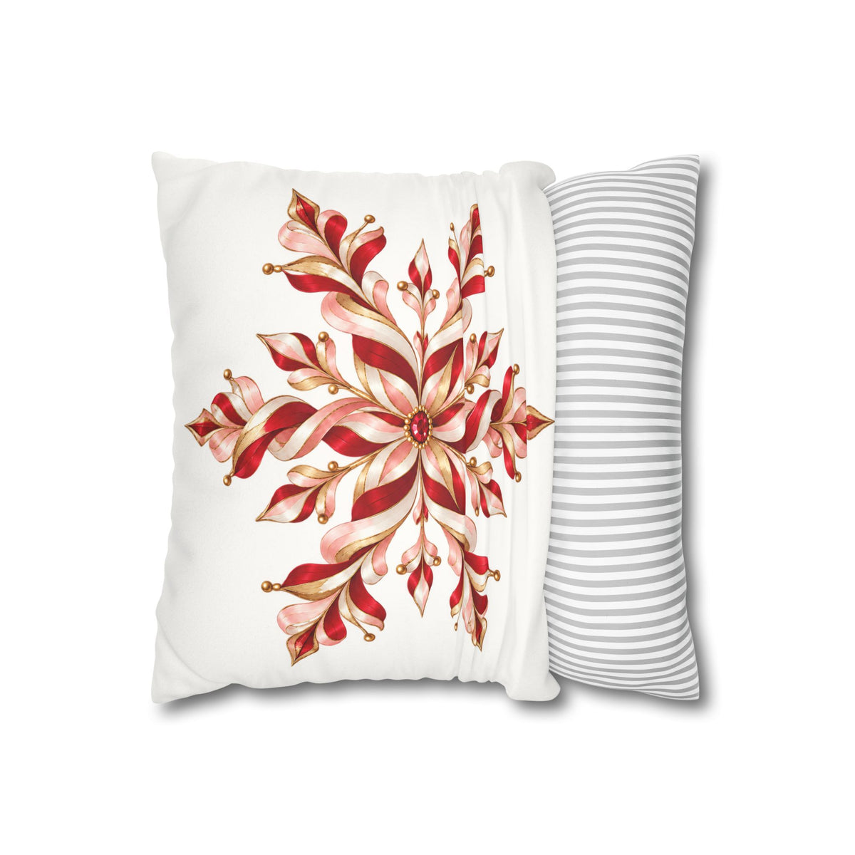 Red and Gold Candy Cane Snowflake Faux Suede Square Pillow Cover