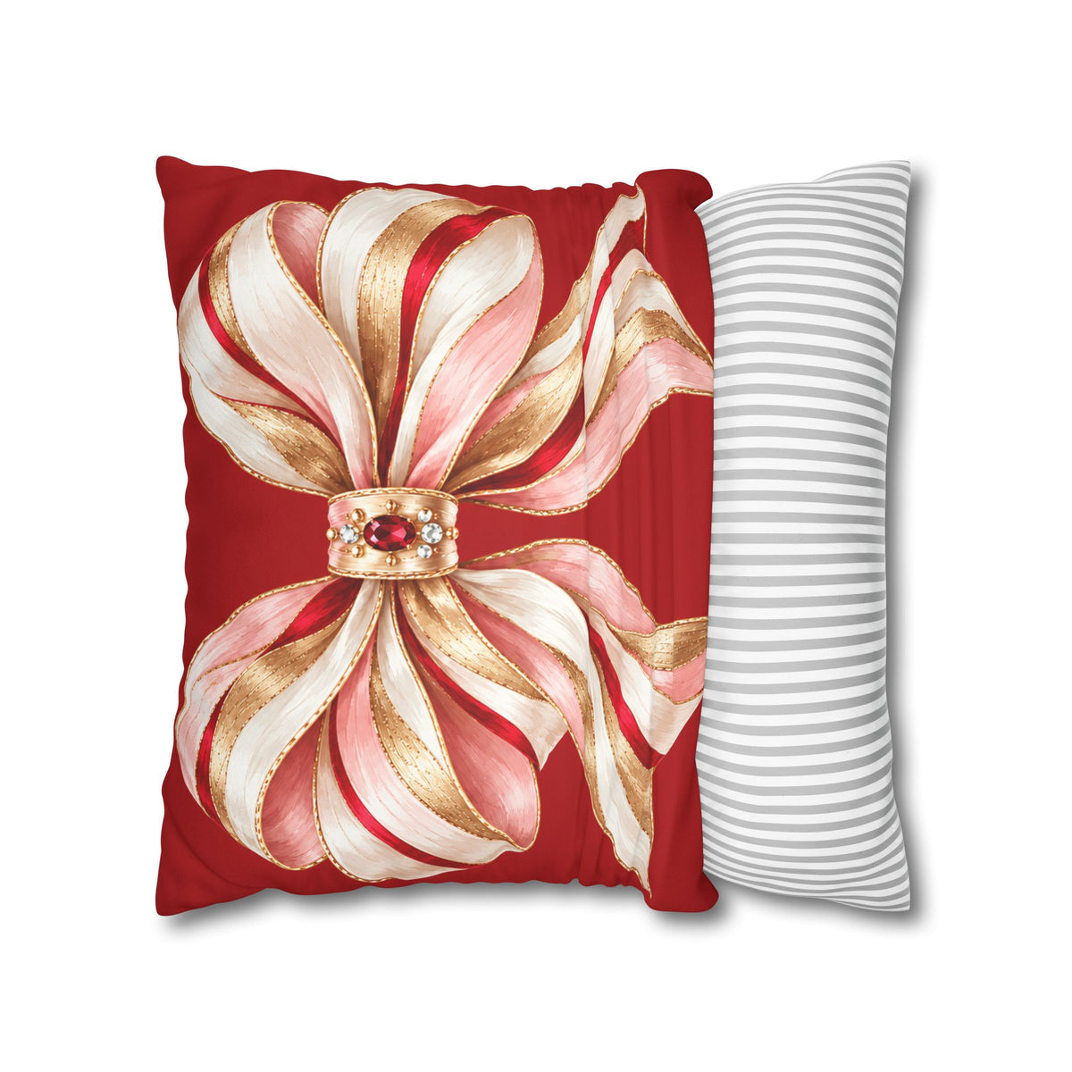Red and Pink Ribbon Bow Faux Suede Square Pillow Cover