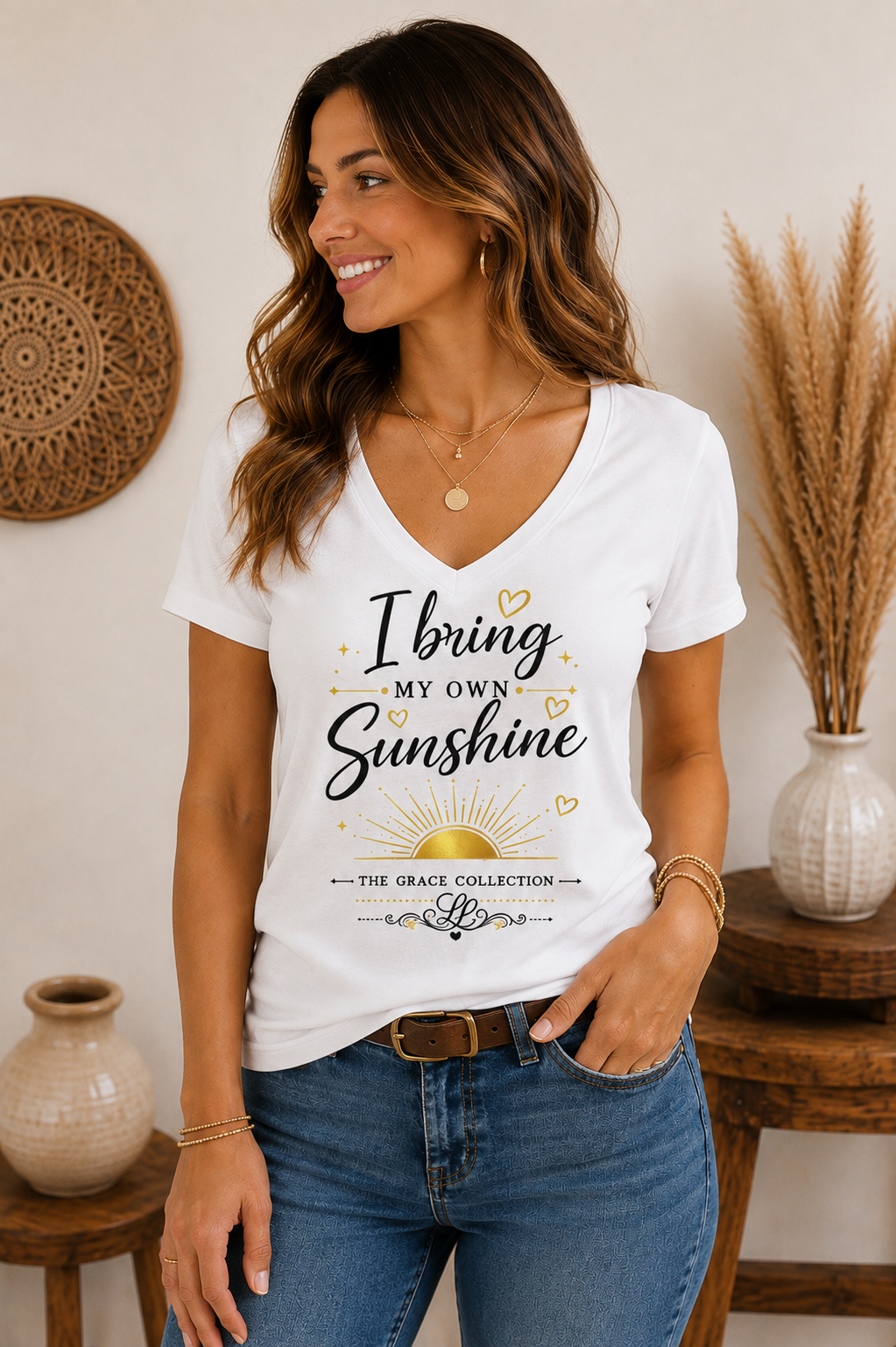 I Bring My Own Sunshine V-Neck Tee | Sunflower Script Graphic