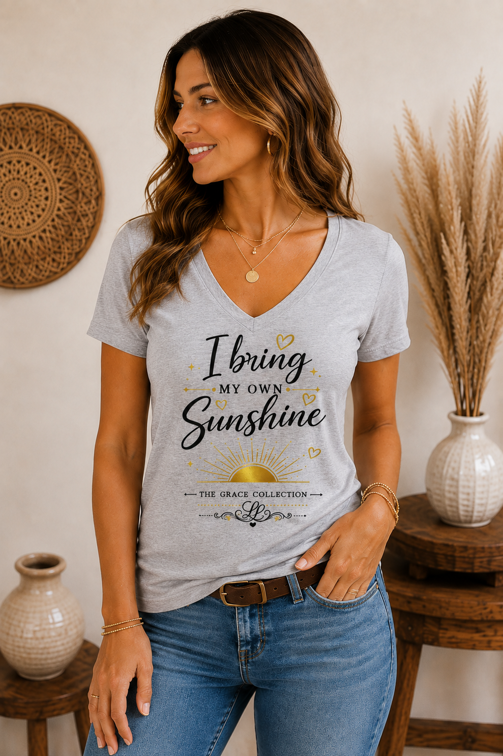 I Bring My Own Sunshine V-Neck Tee | Sunflower Script Graphic