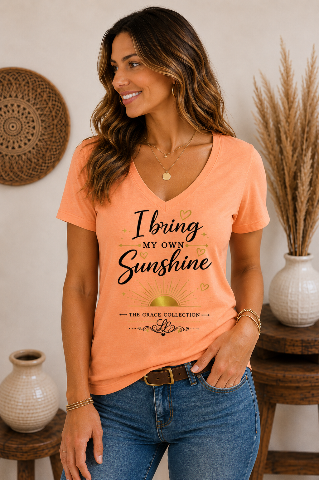 I Bring My Own Sunshine V-Neck Tee | Sunflower Script Graphic