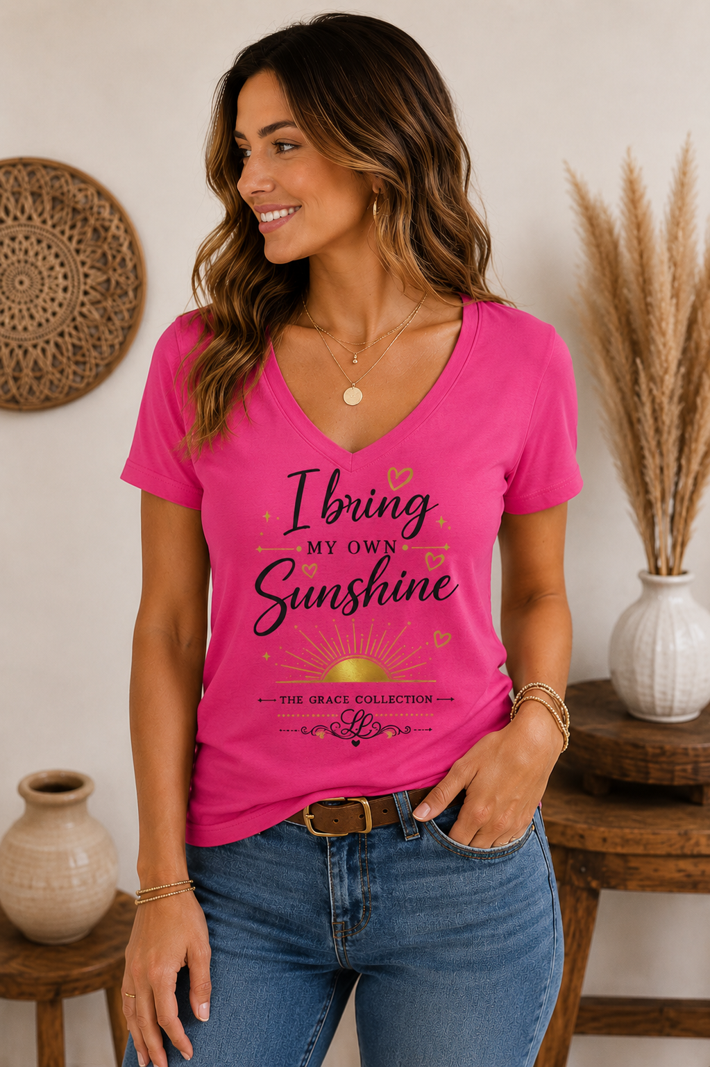 I Bring My Own Sunshine V-Neck Tee | Sunflower Script Graphic