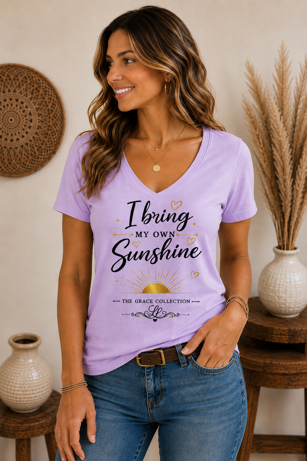 I Bring My Own Sunshine V-Neck Tee | Sunflower Script Graphic