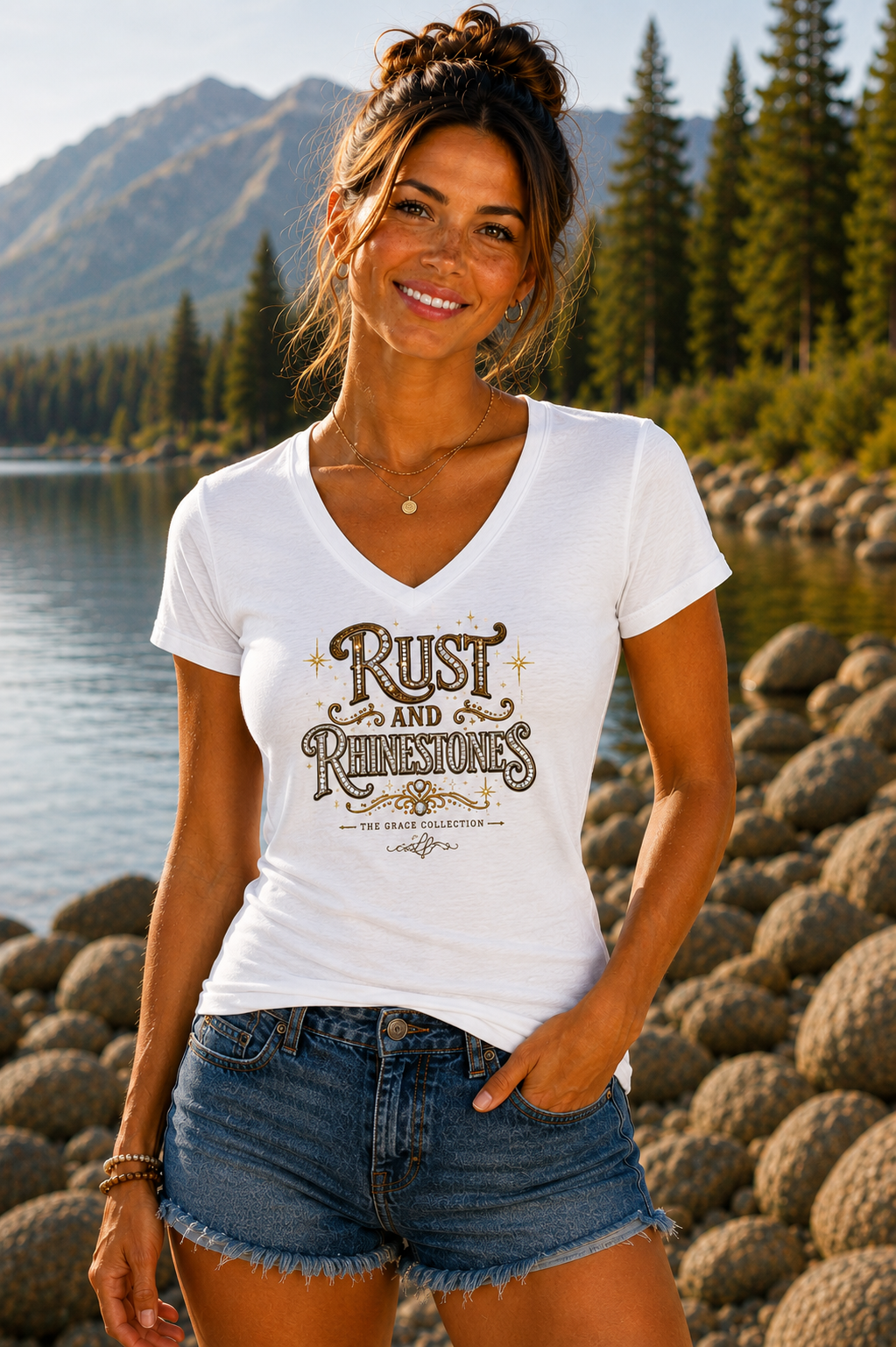 Rust and Rhinestones V-Neck Tee