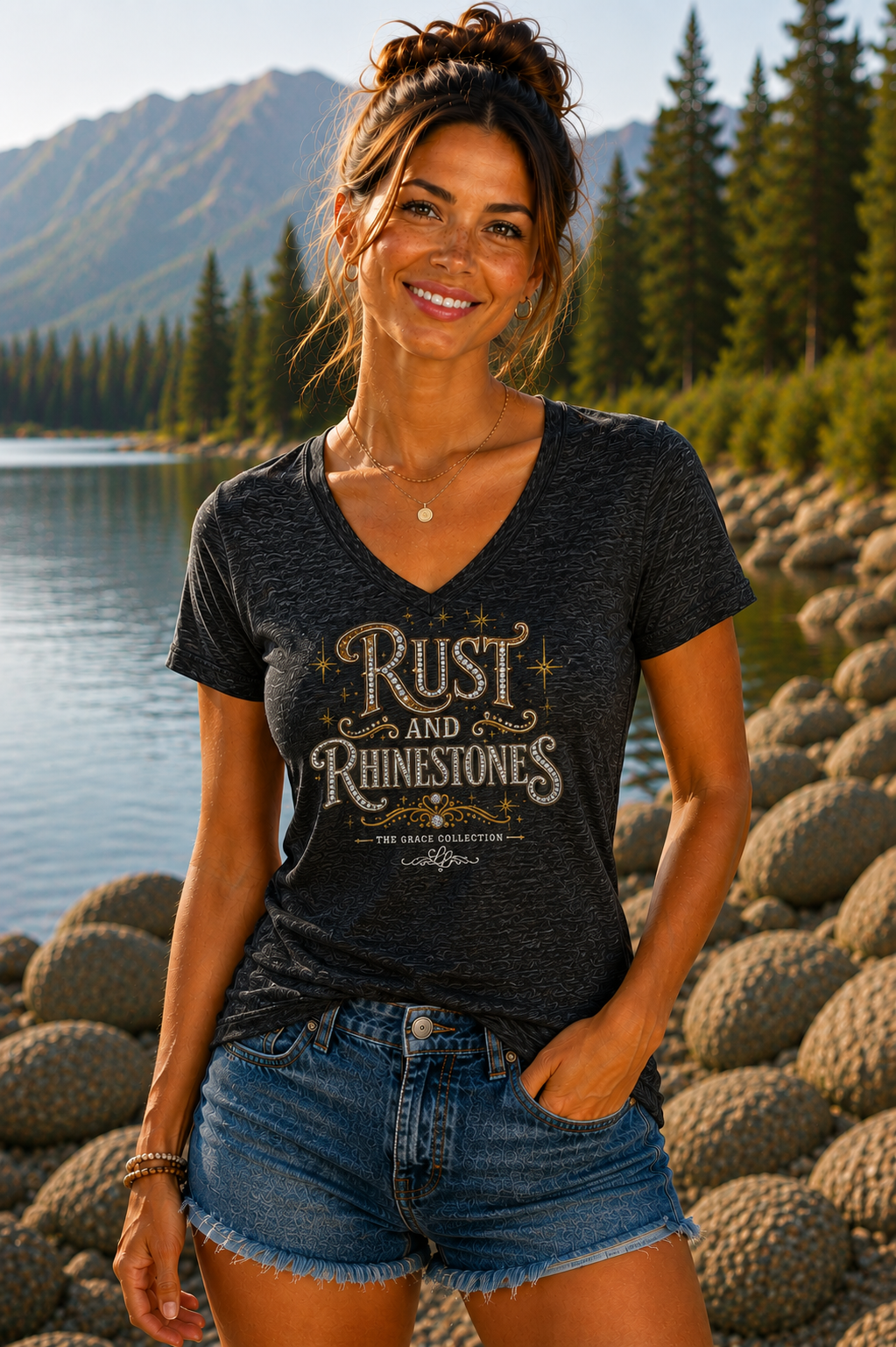 Rust and Rhinestones V-Neck Tee