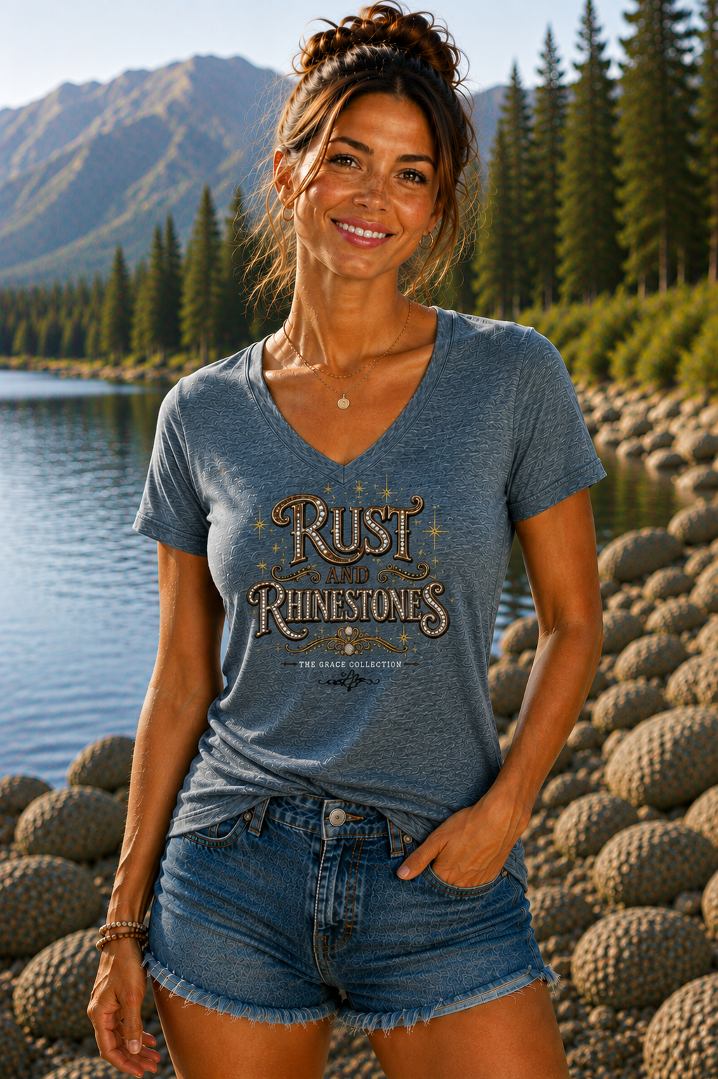Rust and Rhinestones V-Neck Tee