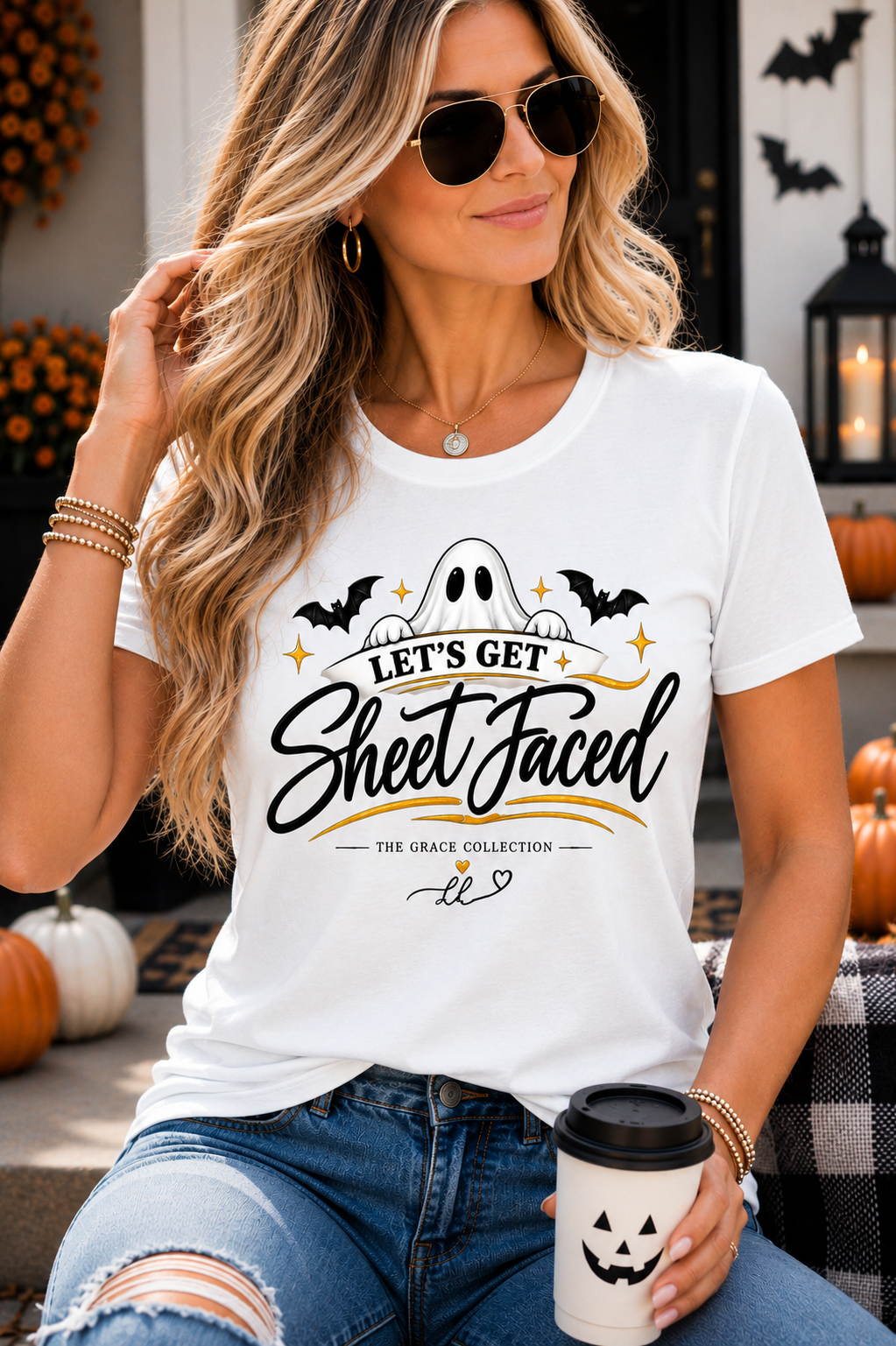 "Let’s Get Sheet Faced"  Halloween T-Shirt — Women’s Slim Fit Ghost Tee