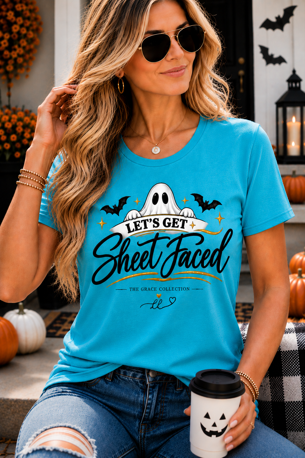 "Let’s Get Sheet Faced"  Halloween T-Shirt — Women’s Slim Fit Ghost Tee