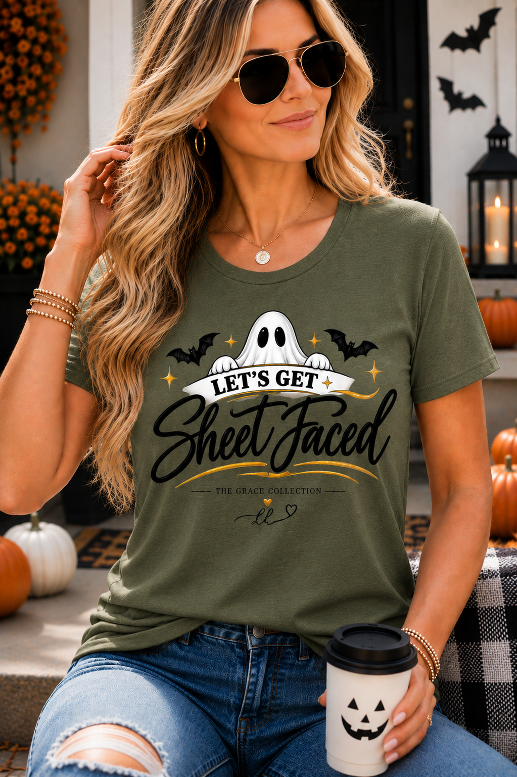 "Let’s Get Sheet Faced"  Halloween T-Shirt — Women’s Slim Fit Ghost Tee
