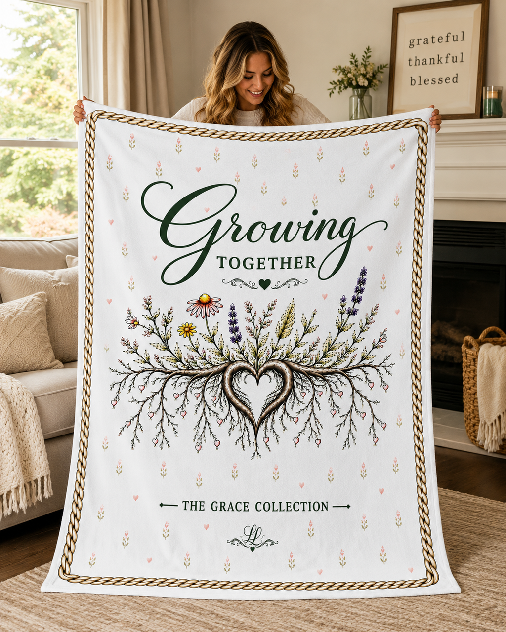 "Growing Together " Velveteen Plush Blanket – Floral Heart Roots Cozy Throw