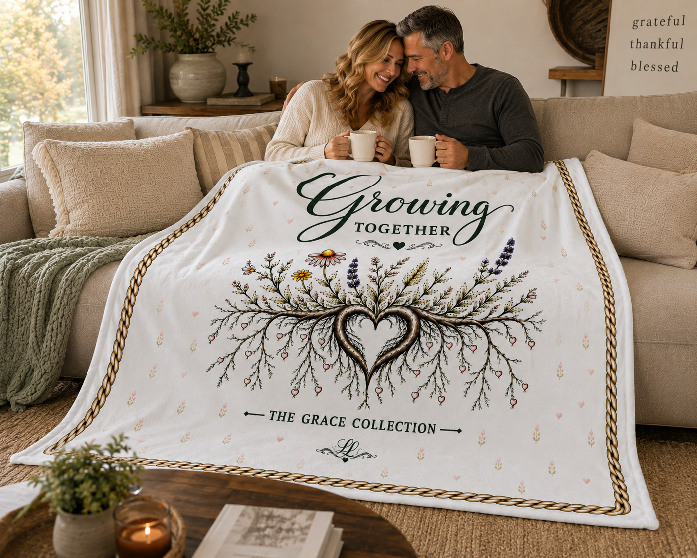 "Growing Together " Velveteen Plush Blanket – Floral Heart Roots Cozy Throw