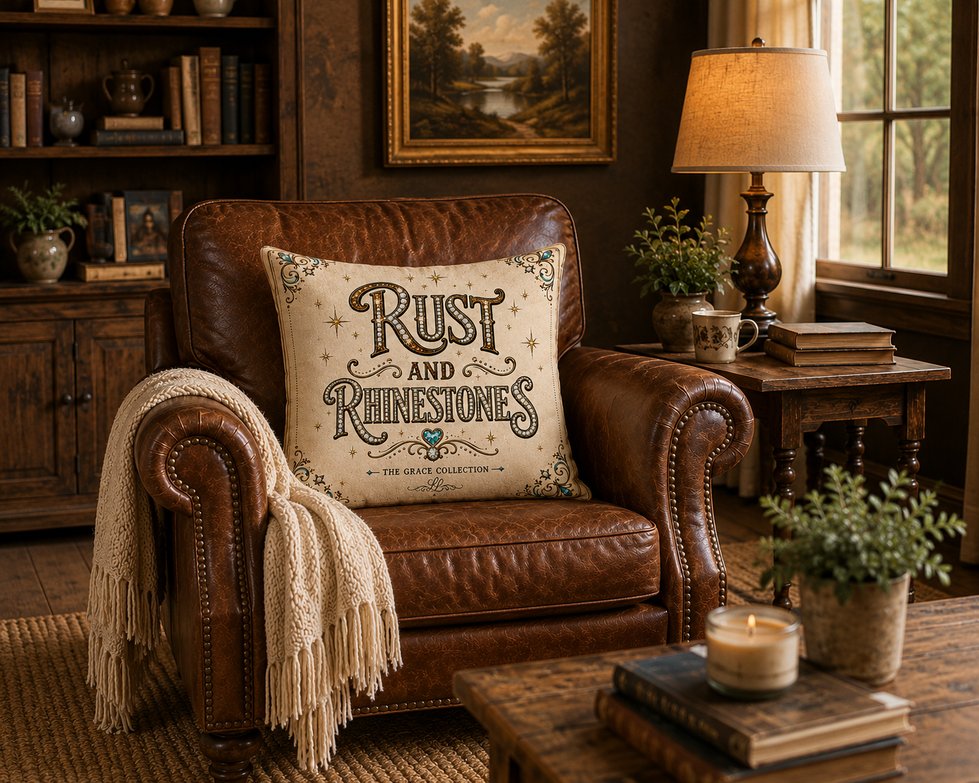 Rust and Rhinestones Decorative Pillow – Wild West Sparkle Accent faux suede