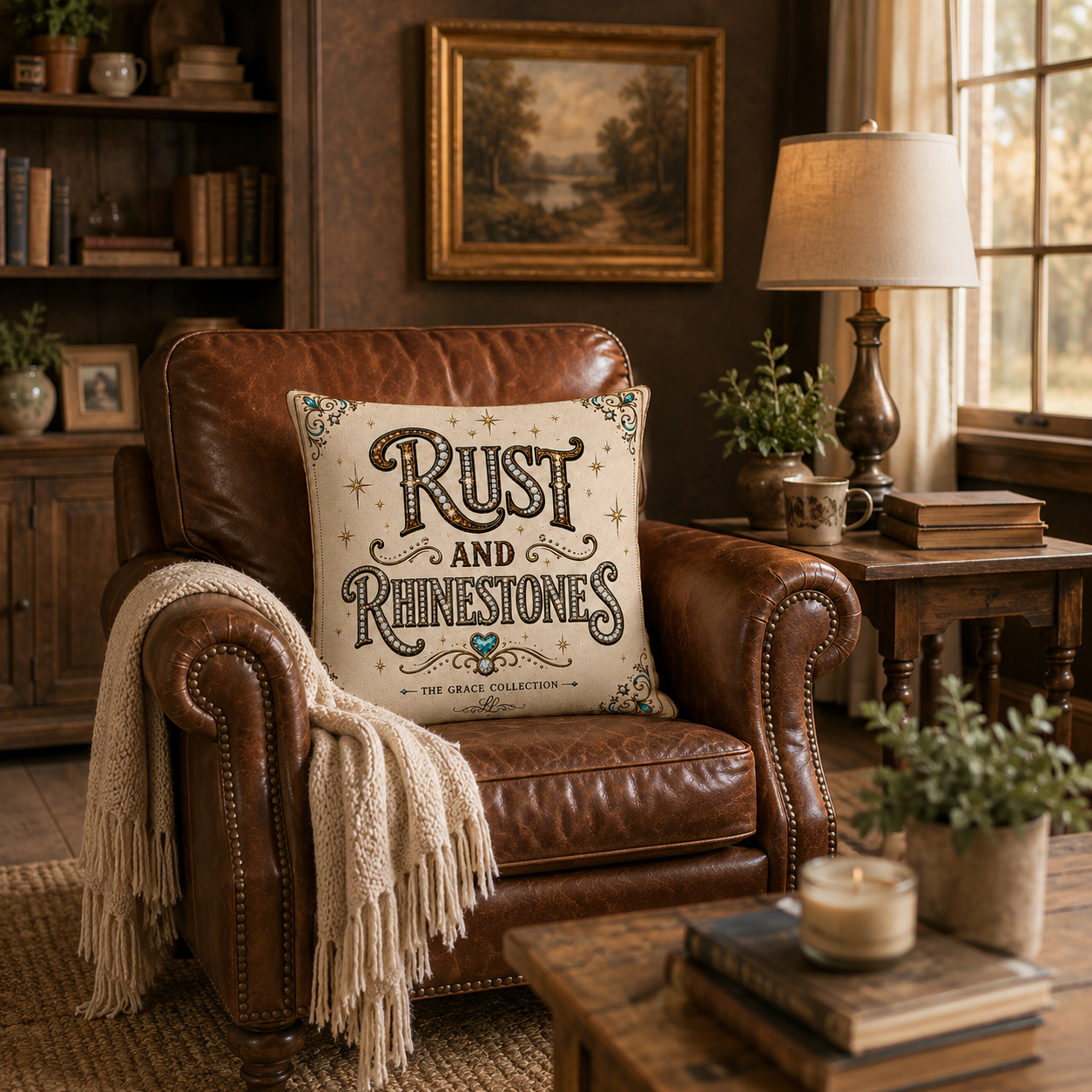 Rust and Rhinestones Decorative Pillow – Wild West Sparkle Accent faux suede