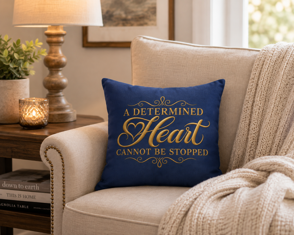 Inspirational Navy Faux Suede Pillow - "A Determined Heart Cannot Be Stopped"