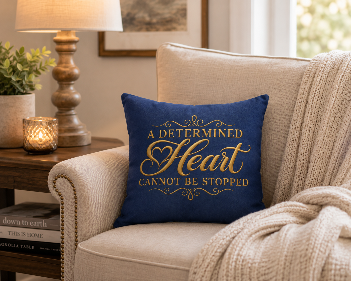 Inspirational Navy Faux Suede Pillow - "A Determined Heart Cannot Be Stopped"