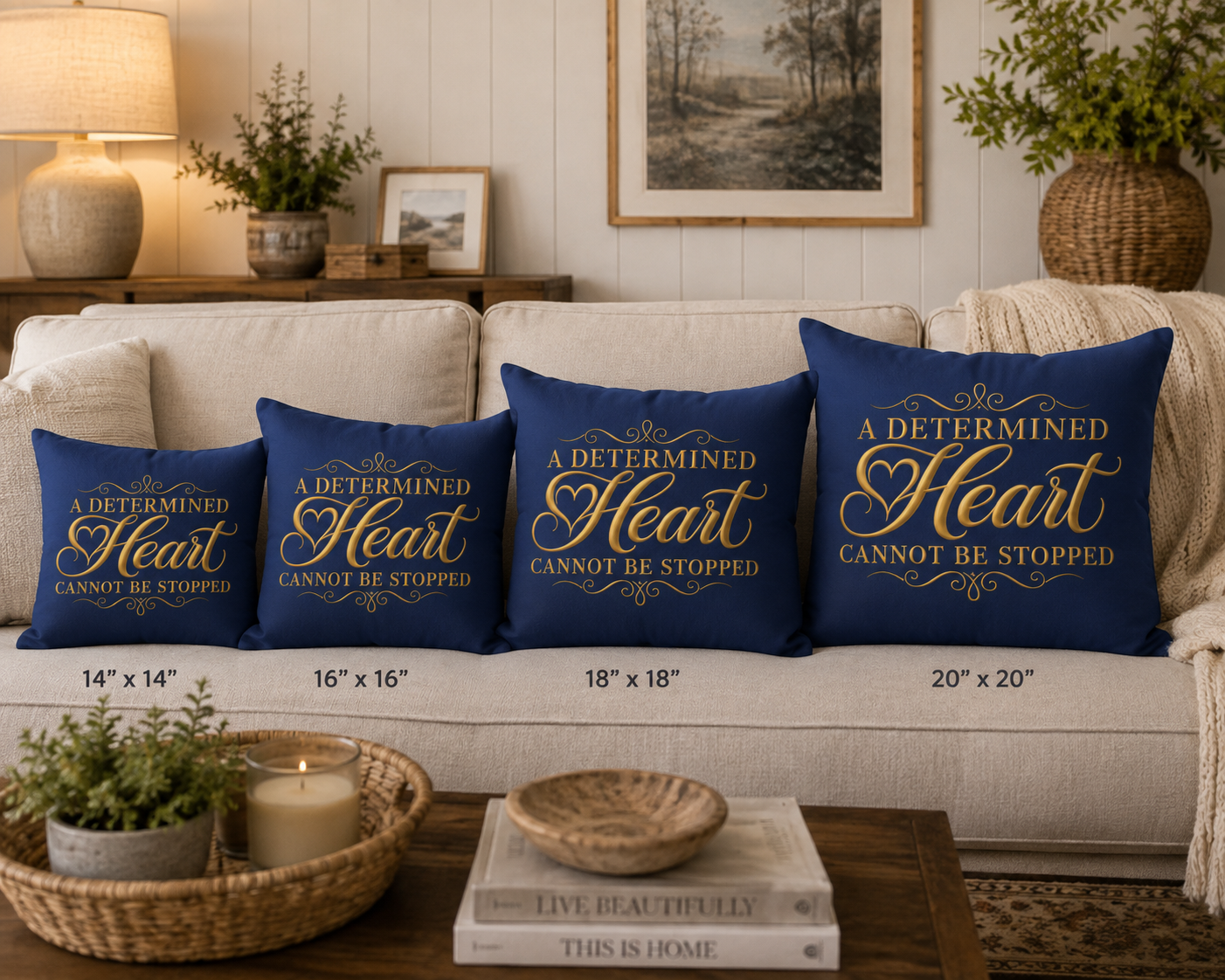 Inspirational Navy Faux Suede Pillow - "A Determined Heart Cannot Be Stopped"