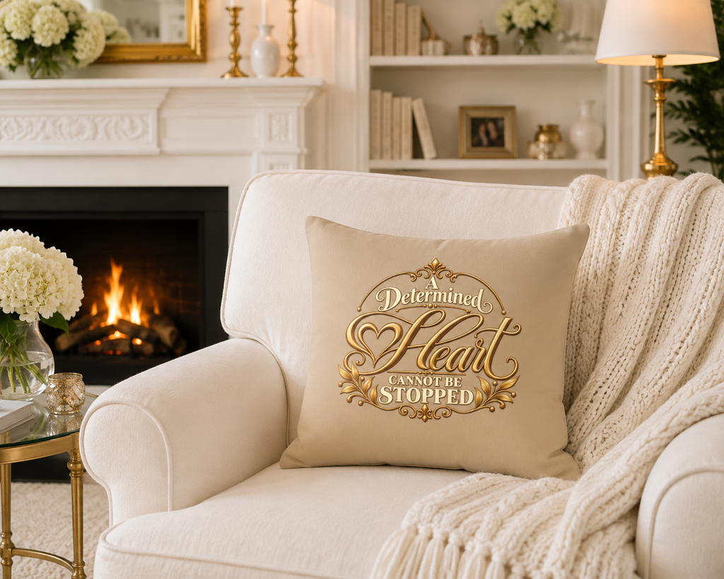 Faux Suede Pillow — "A Determined Heart Cannot Be Stopped" Inspirational Throw Pillow