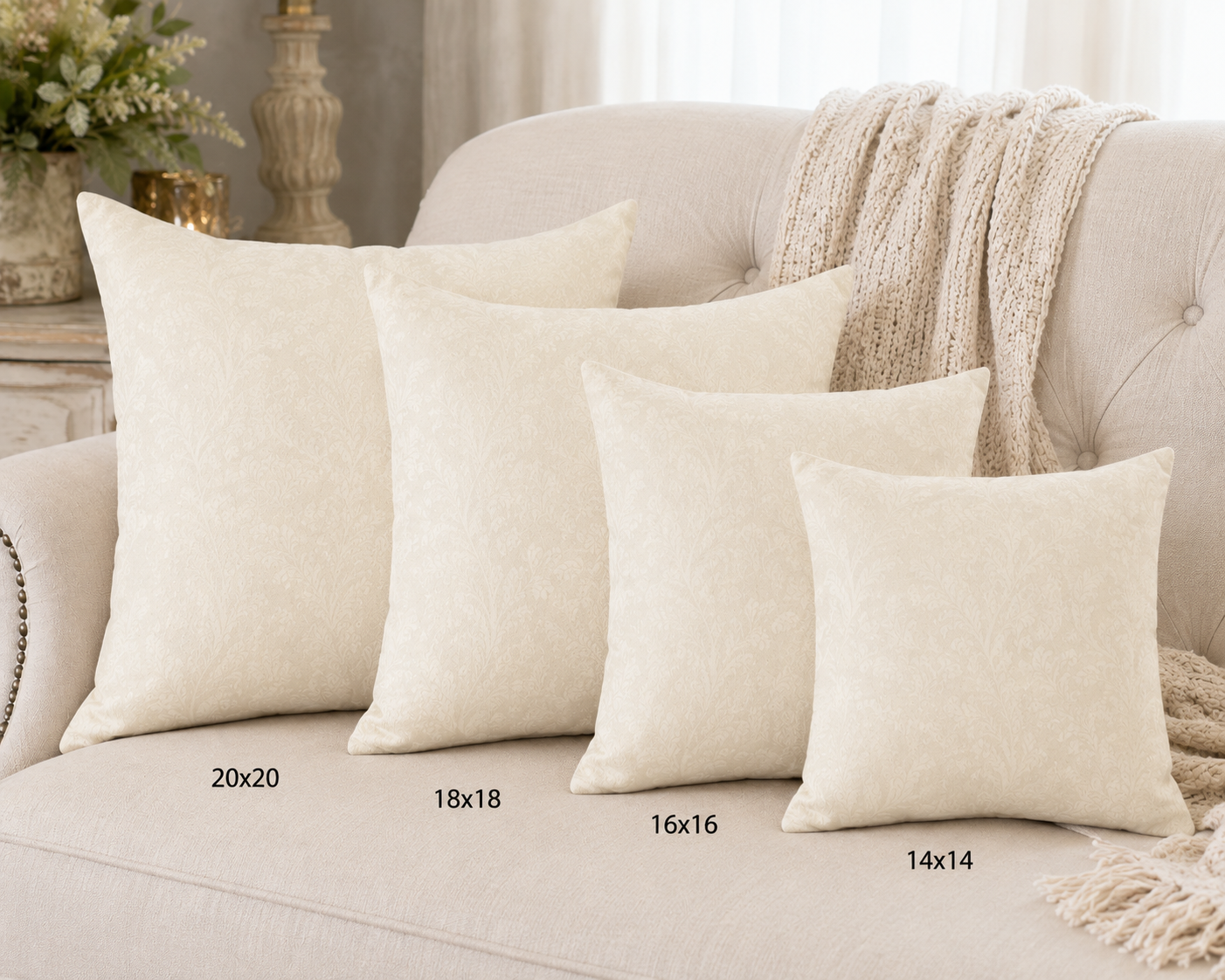 Faux Suede Square Pillow — Cream Damask Accent Cushion