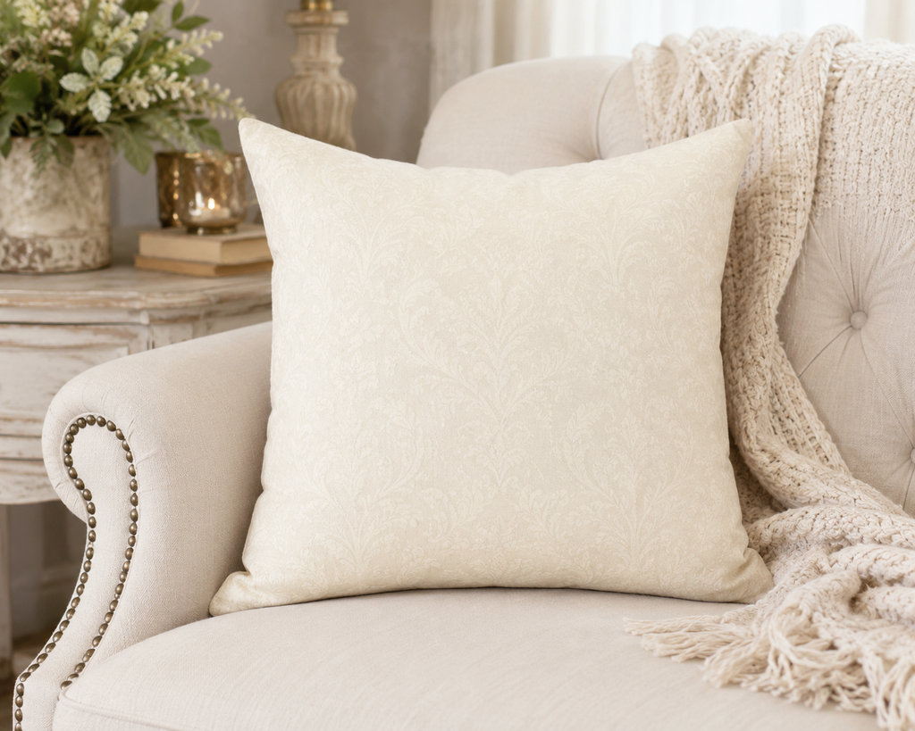 Faux Suede Square Pillow — Cream Damask Accent Cushion