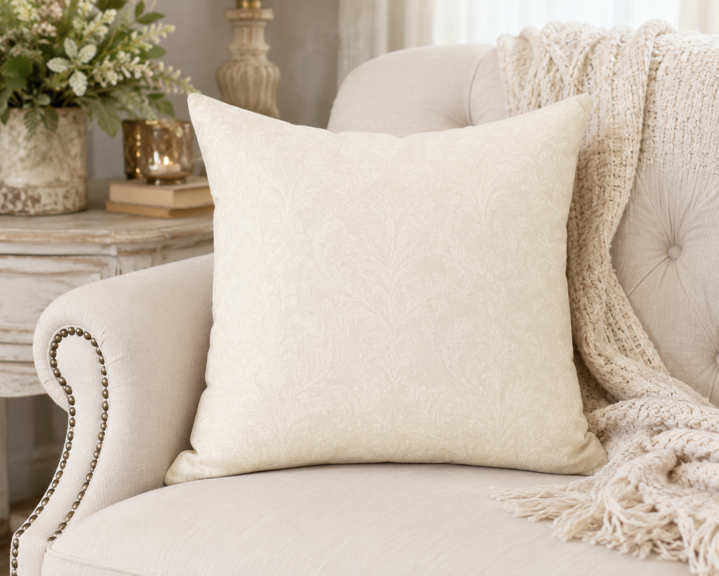 Faux Suede Square Pillow — Cream Damask Accent Cushion