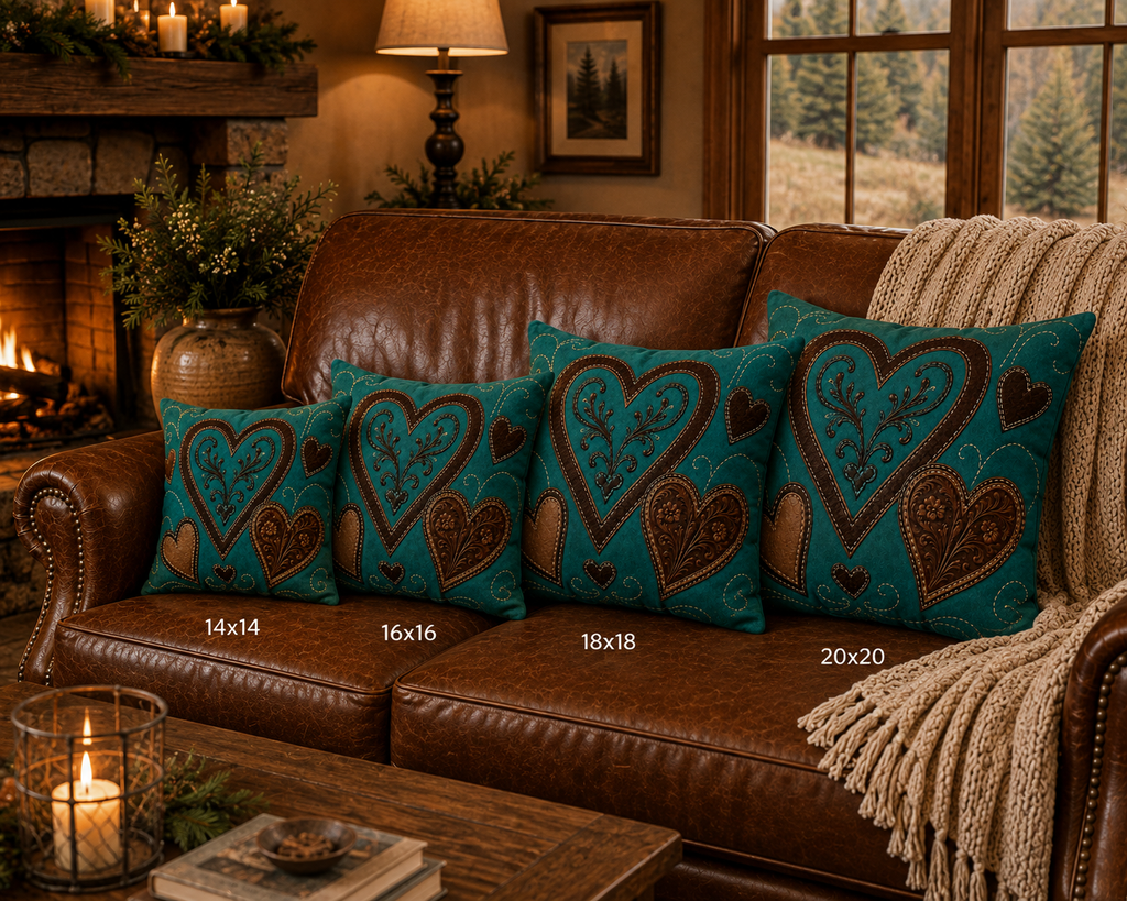 Teal Faux Suede Heart Accent Pillow — Rustic Leather Patchwork Design