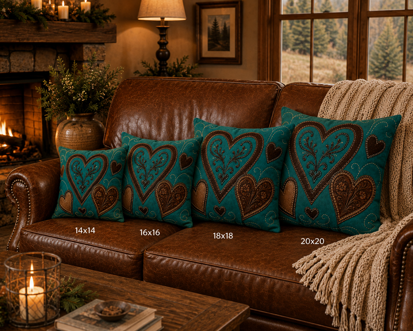 Teal Faux Suede Heart Accent Pillow — Rustic Leather Patchwork Design