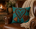 Teal Faux Suede Heart Accent Pillow — Rustic Leather Patchwork Design