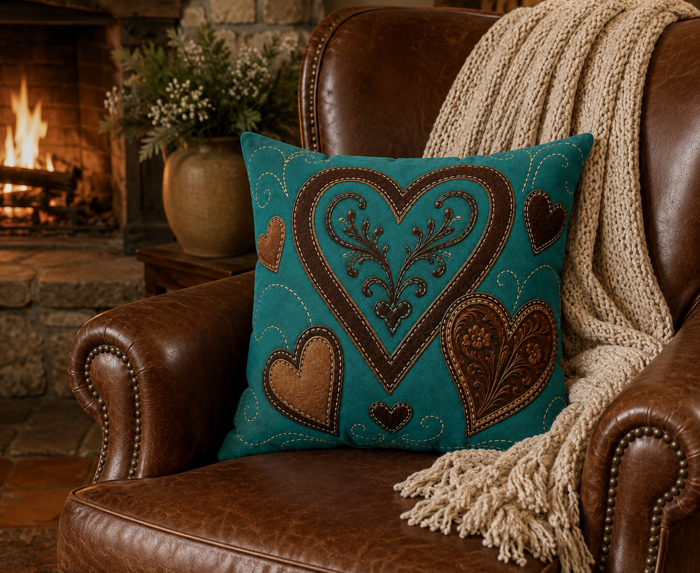 Teal Faux Suede Heart Accent Pillow — Rustic Leather Patchwork Design