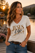 Jesus Up V-Neck Tee — Women's Inspirational Faith Graphic Shirt