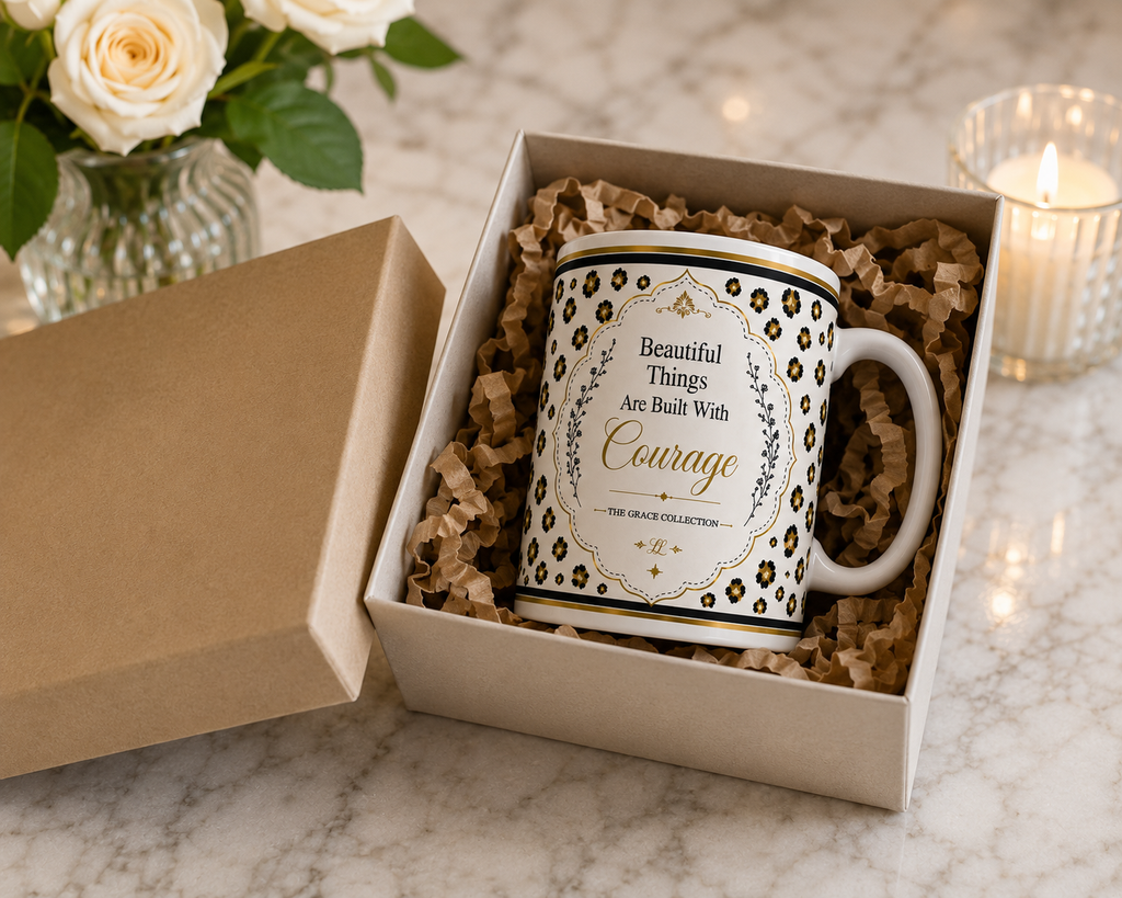 Inspirational Leopard 15oz Mug — "Beautiful Things Are Built With Courage"