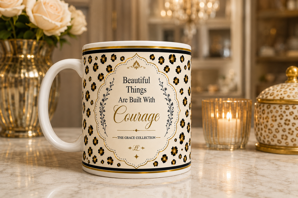 Inspirational Leopard 15oz Mug — "Beautiful Things Are Built With Courage"