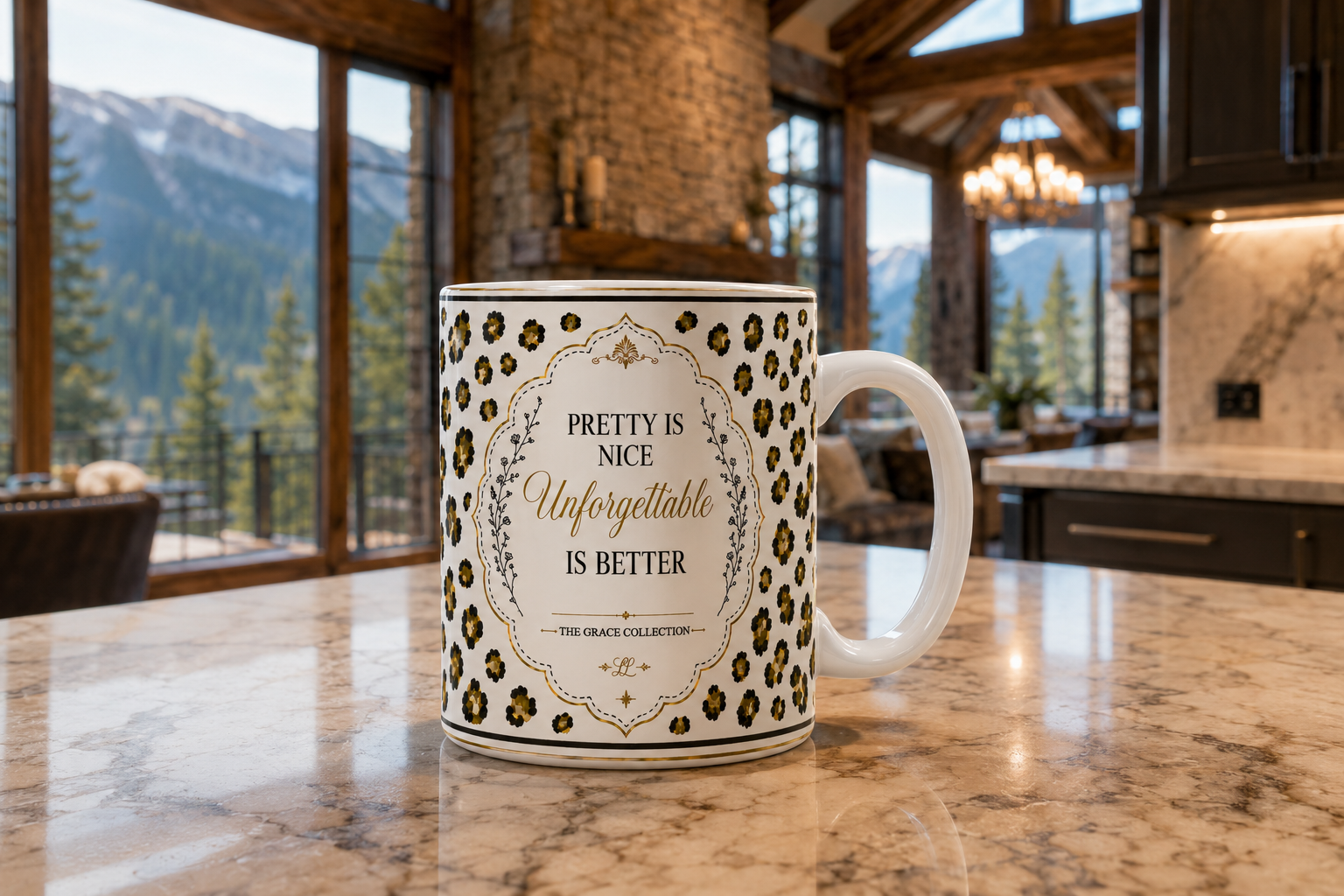 15oz Leopard Print Mug — "Pretty is Nice, Unforgettable is Better" Inspirational Coffee Cup