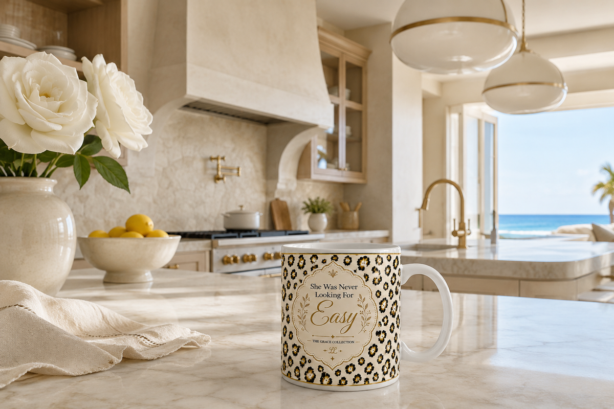 "She Was Never Looking For Easy" - Leopard Print 15  ounce ceramic coffee mug