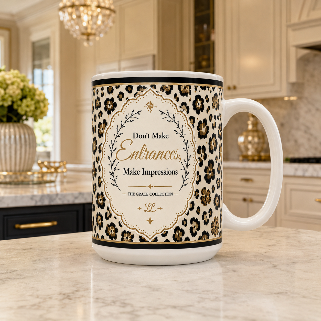 "Don't Make Entrances, Make Impressions" - Leopard Print 15 ounce ceramic coffee mug