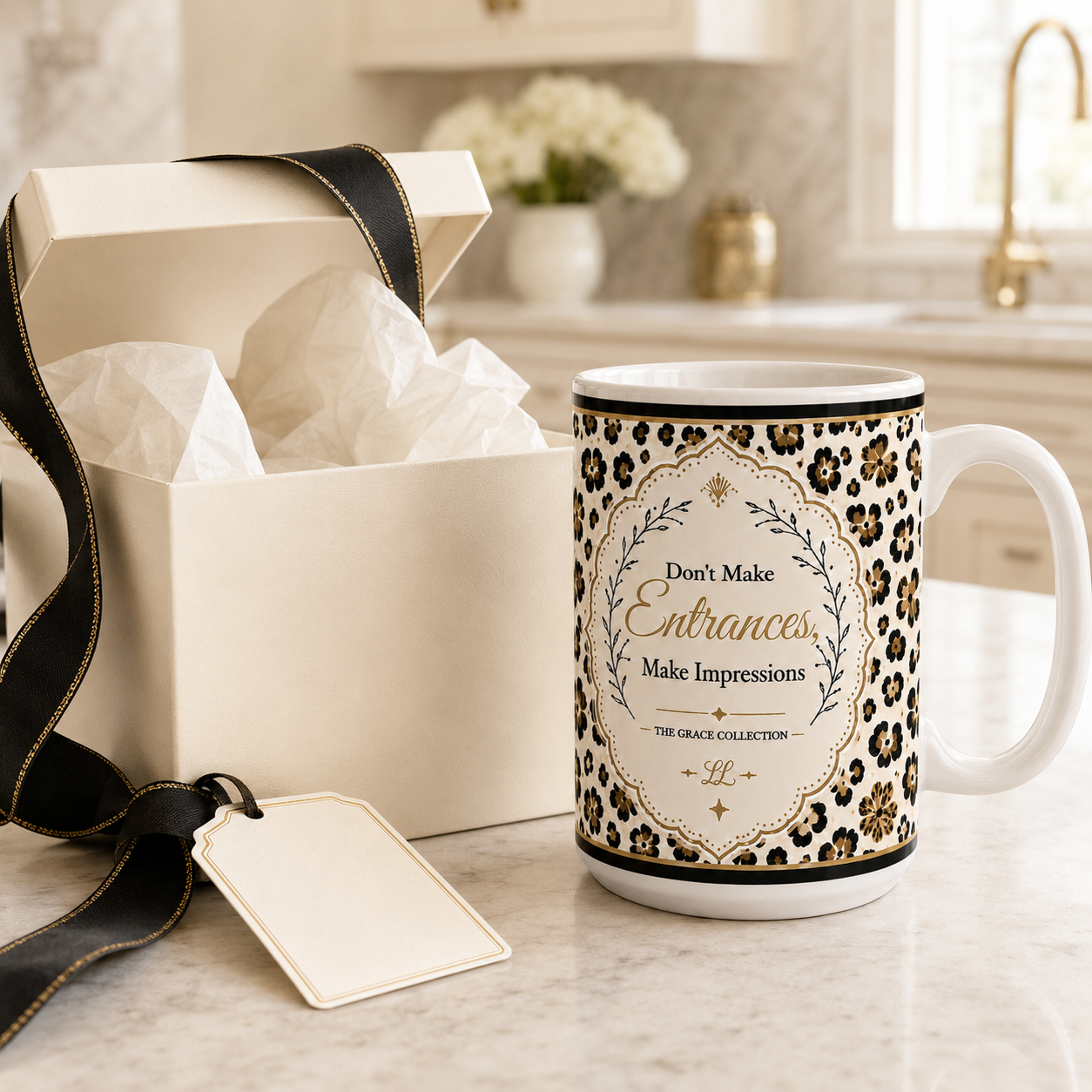 "Don't Make Entrances, Make Impressions" - Leopard Print 15 ounce ceramic coffee mug