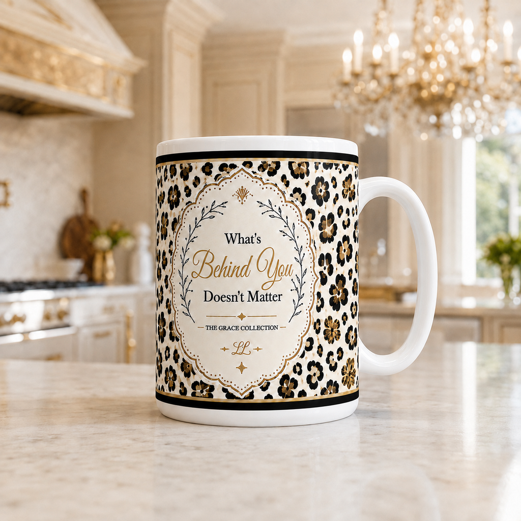 "What's Behind You Doesn't Matter" - Leopard Print 15 ounce ceramic coffee mug