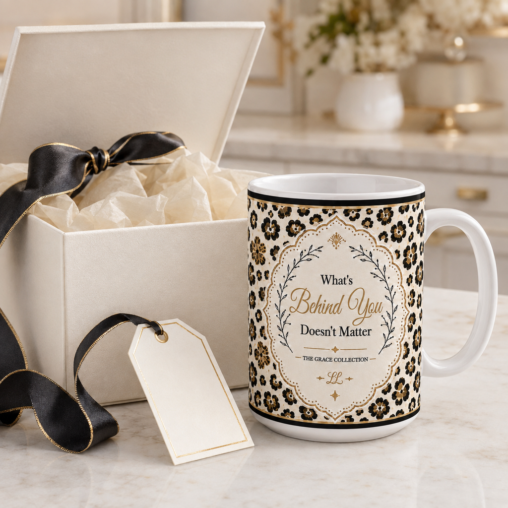 "What's Behind You Doesn't Matter" - Leopard Print 15 ounce ceramic coffee mug