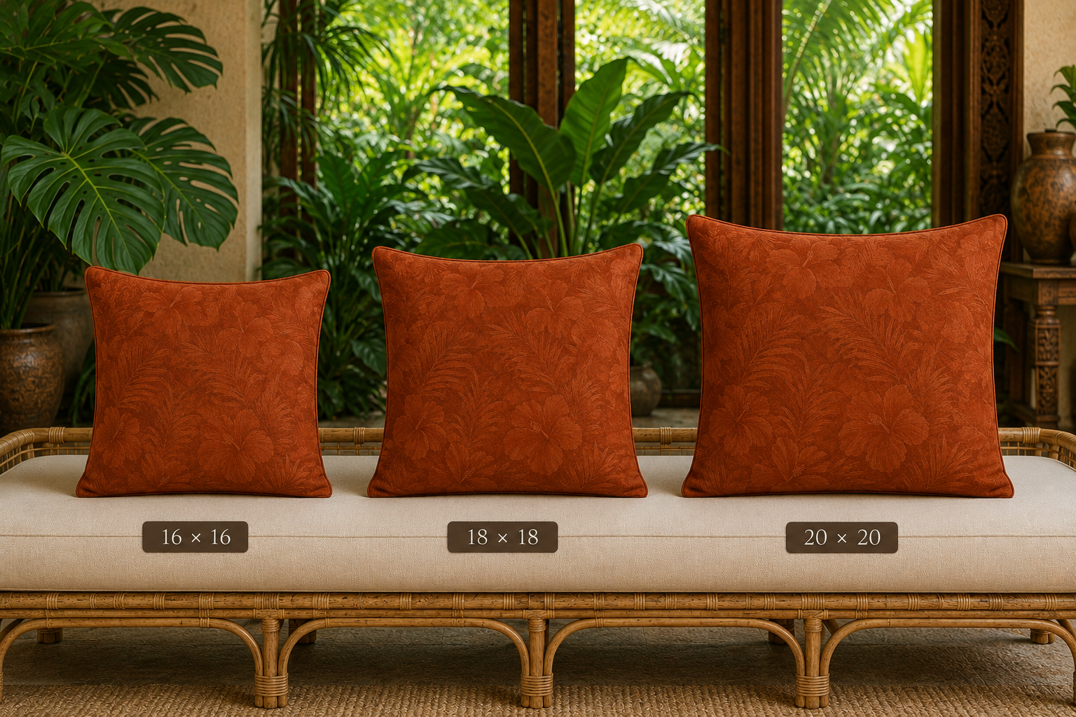 Retro Island Collection Rust Floral -  Faux Linen Throw Pillow