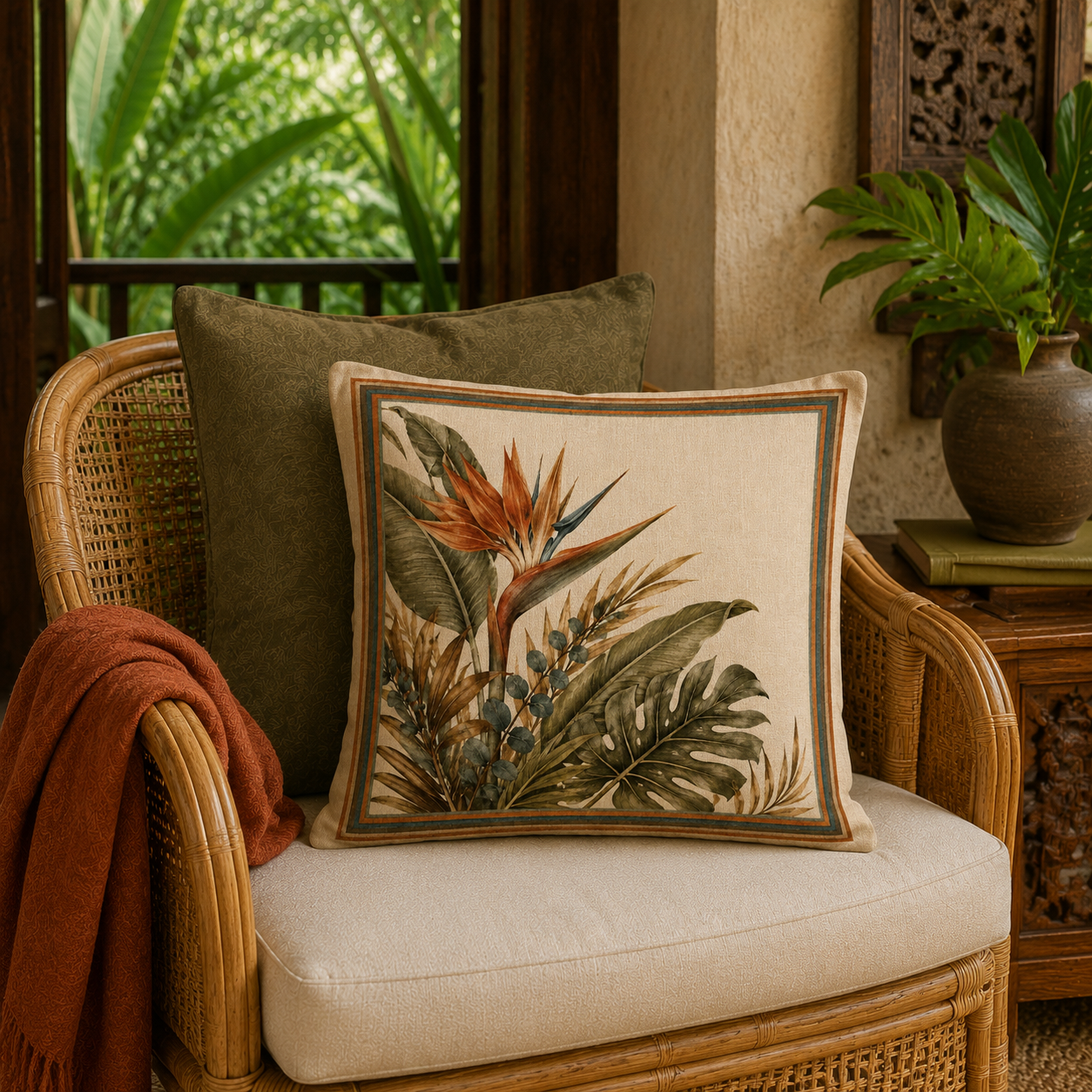 Retro Island Collection Tropical Bird of Paradise -  Faux Linen Throw Pillow