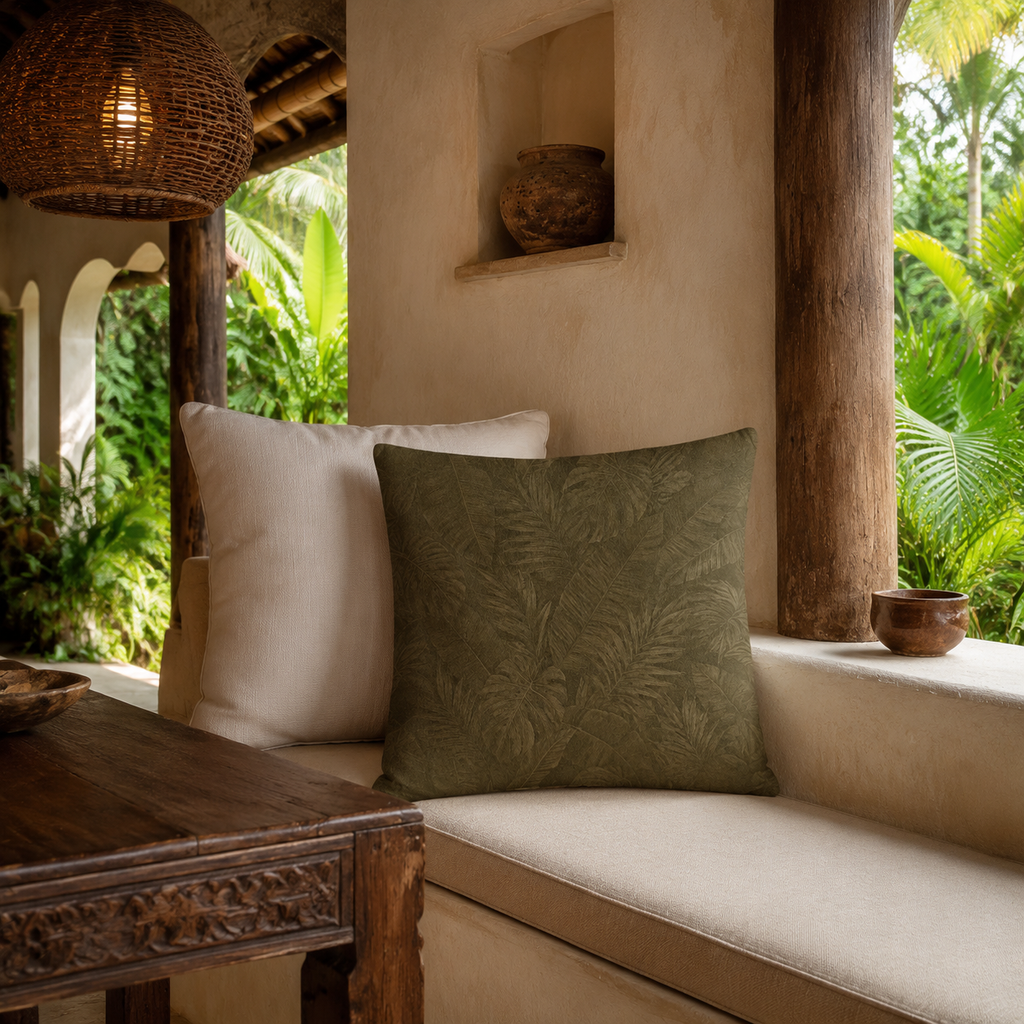 Retro Island Collection Tropical Leaf Accent - Faux Linen Throw Pillow