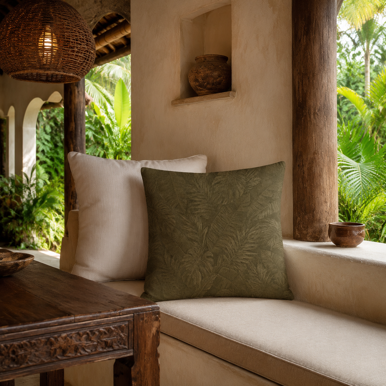 Retro Island Collection Tropical Leaf Accent - Faux Linen Throw Pillow
