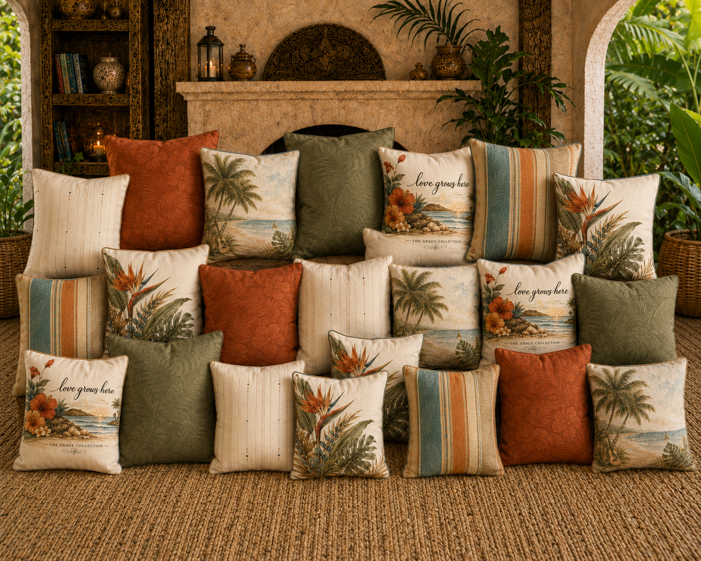 Retro Island Collection Tropical Leaf Accent - Faux Linen Throw Pillow
