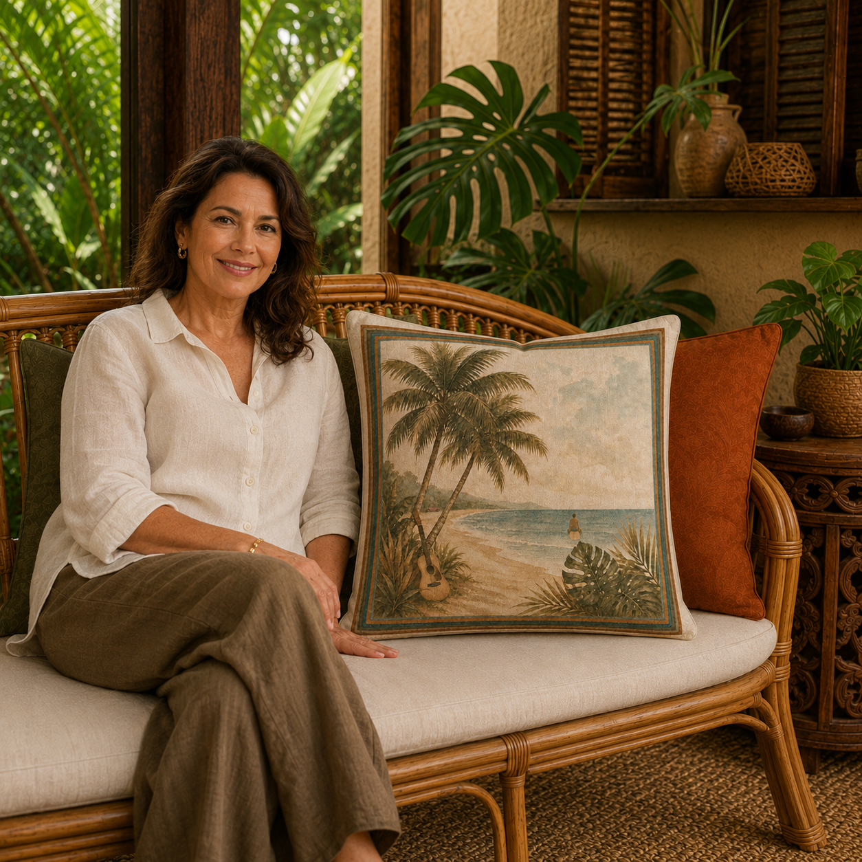 Retro Island Collection - Coastal Palm Beach Pillow - Faux Linen Throw Pillow
