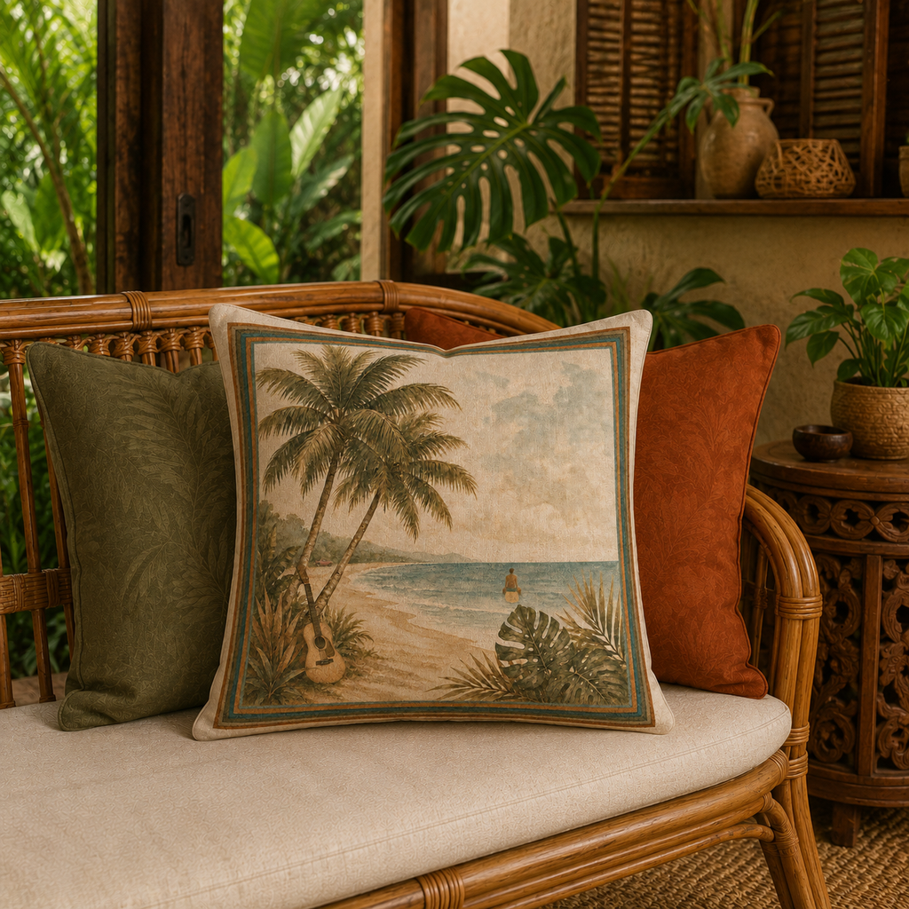 Retro Island Collection - Coastal Palm Beach Pillow - Faux Linen Throw Pillow